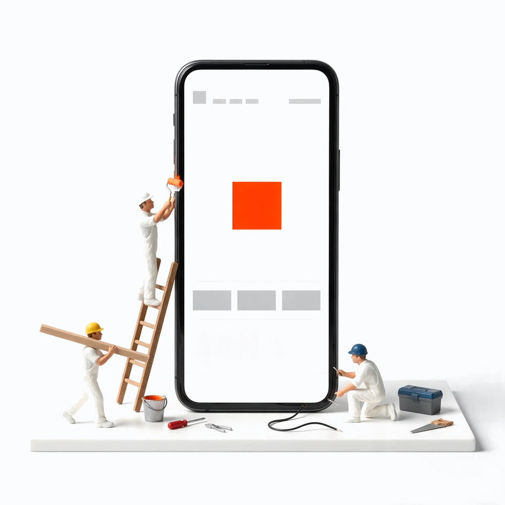 Ein großes Smartphone steht aufrecht auf einer weißen Platte, auf dem Bildschirm eine Website mit orangem Feld. Miniatur-Handwerker arbeiten daran: ein Maler auf der Leiter mit Farbroller, einer trägt ein Brett, ein Elektriker kniet am Kabel, daneben Werkzeugkiste, Farbeimer und Säge.