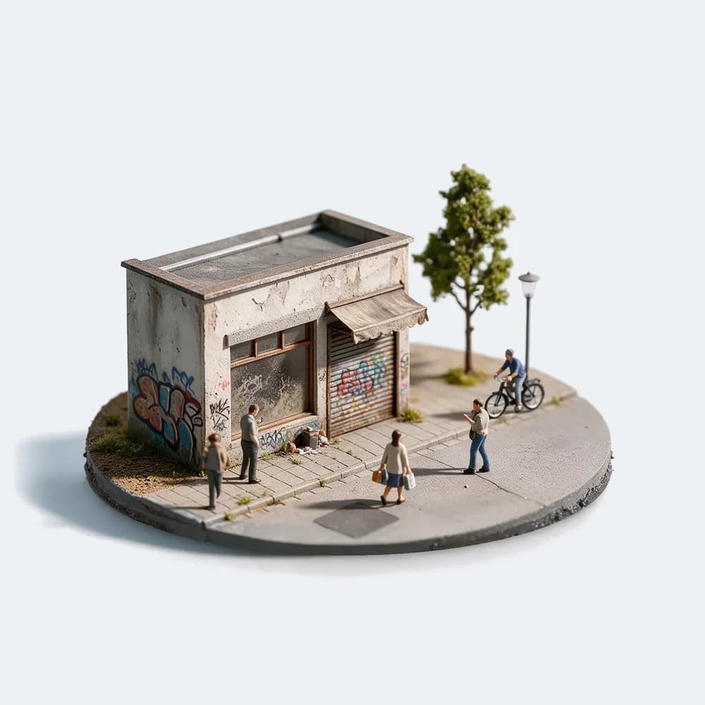 Miniaturmodell einer heruntergekommenen Werkstatt an einer Straßenecke: bröckelnder Putz, Graffiti an den Wänden, das Rolltor ist unten. Die Passanten gehen achtlos vorbei.