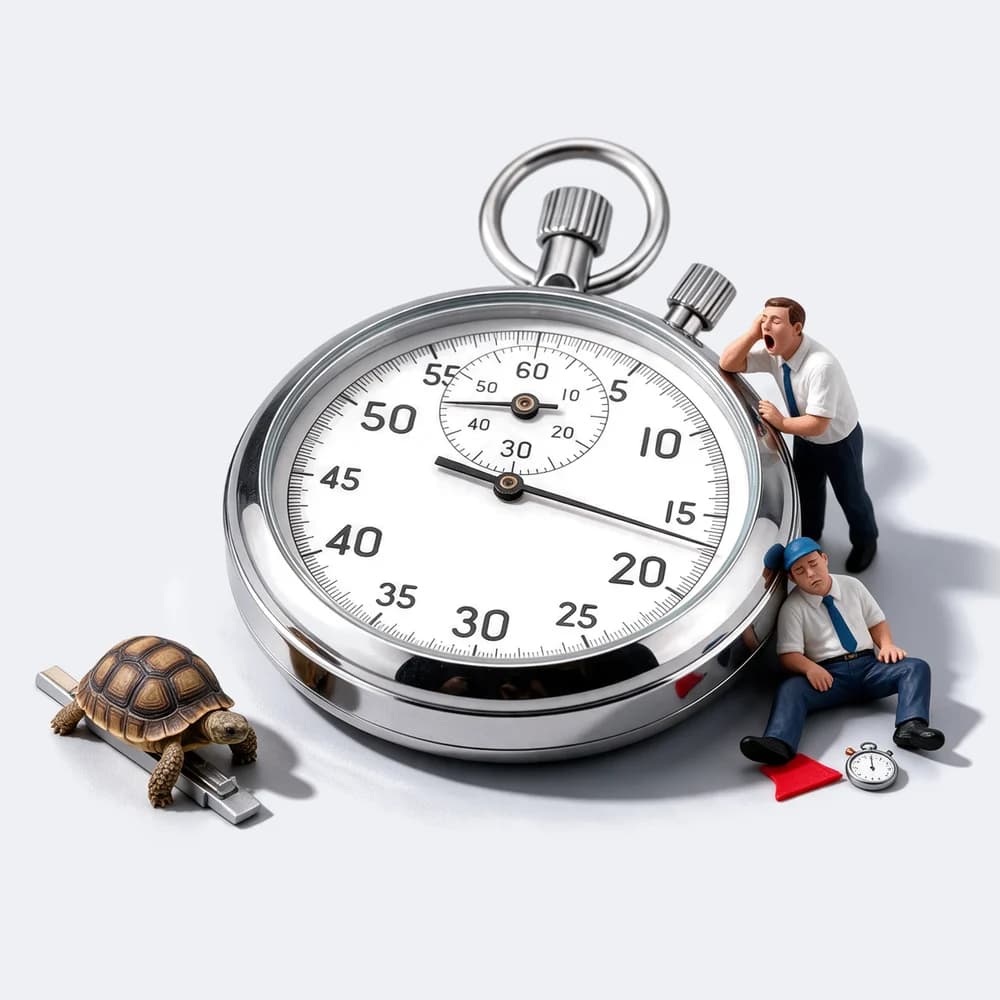 Neben einer großen Stoppuhr sitzt eine Schildkröte im Startblock. Ein Miniatur-Kampfrichter lehnt gähnend an der Uhr, der zweite ist eingeschlafen, seine rote Fahne liegt am Boden.