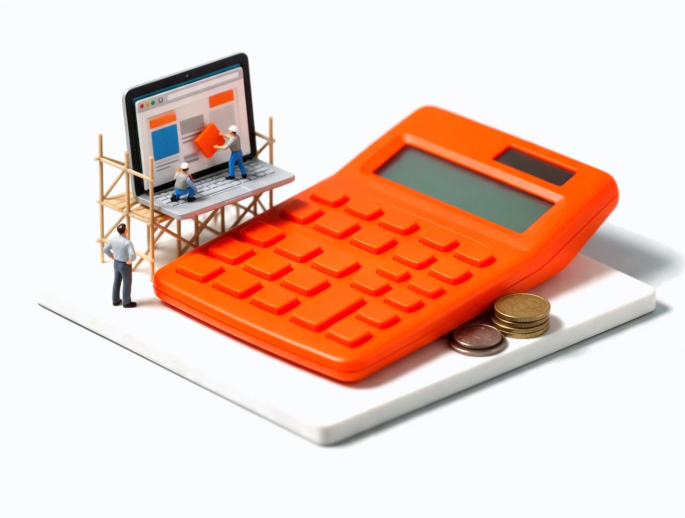 Ein großer oranger Taschenrechner liegt auf einer weißen Platte. Daneben steht ein Laptop auf einem Baugerüst, zwei Miniatur-Bauarbeiter setzen ein oranges Feld in die Website ein, ein Mann schaut zu, neben dem Rechner liegen ein paar Münzen.