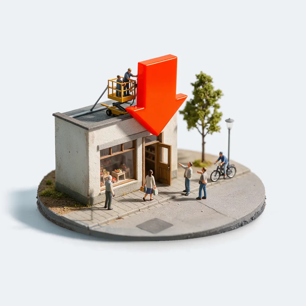 Zwei Arbeiter auf einer Hebebühne montieren einen großen orangefarbenen Pfeil auf dem Dach der Werkstatt, der auf die offene Tür zeigt. Passanten schauen hinauf.