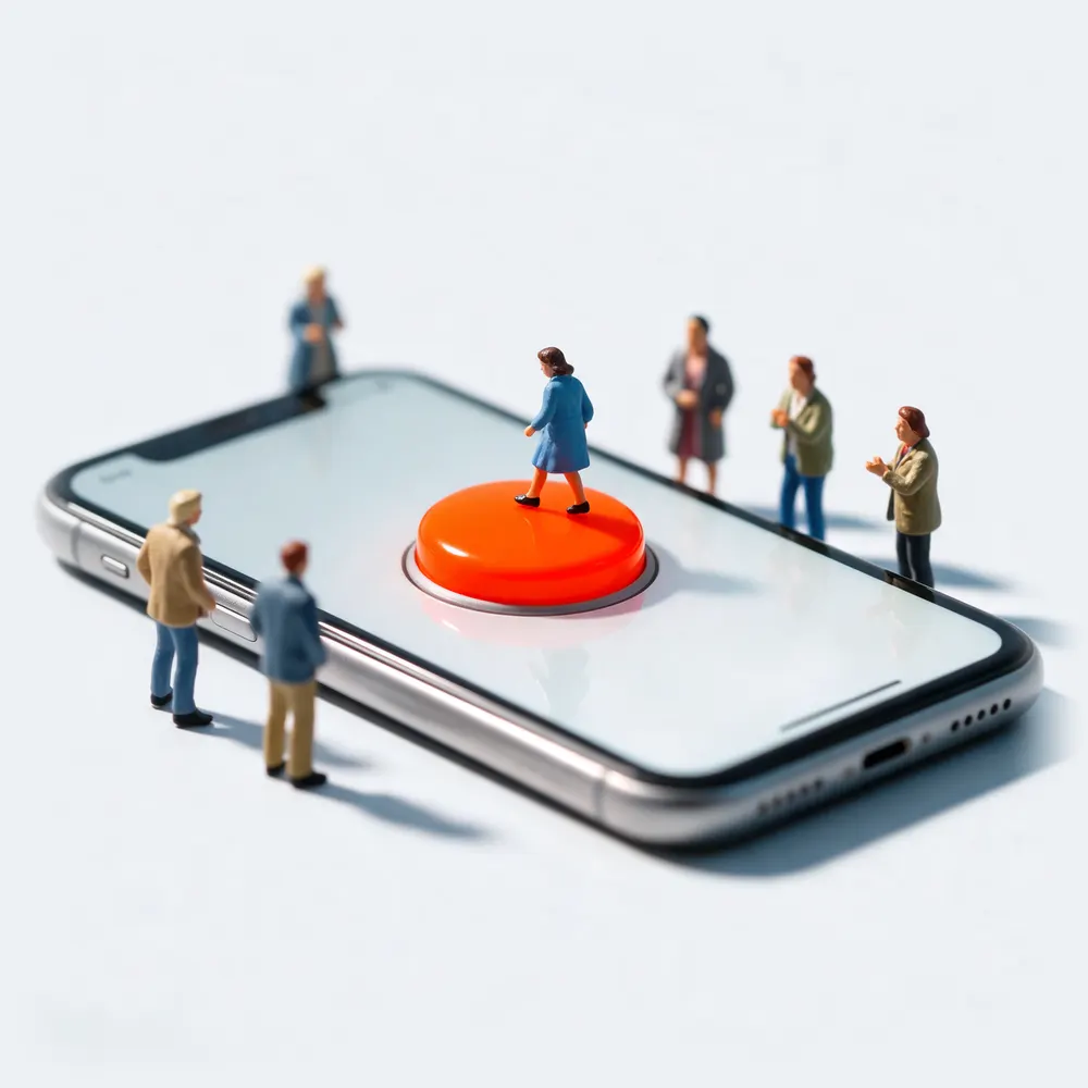 Auf einem flach liegenden Smartphone steht eine Miniaturfigur auf einem großen orangefarbenen Knopf, ringsum schauen kleine Leute zu.