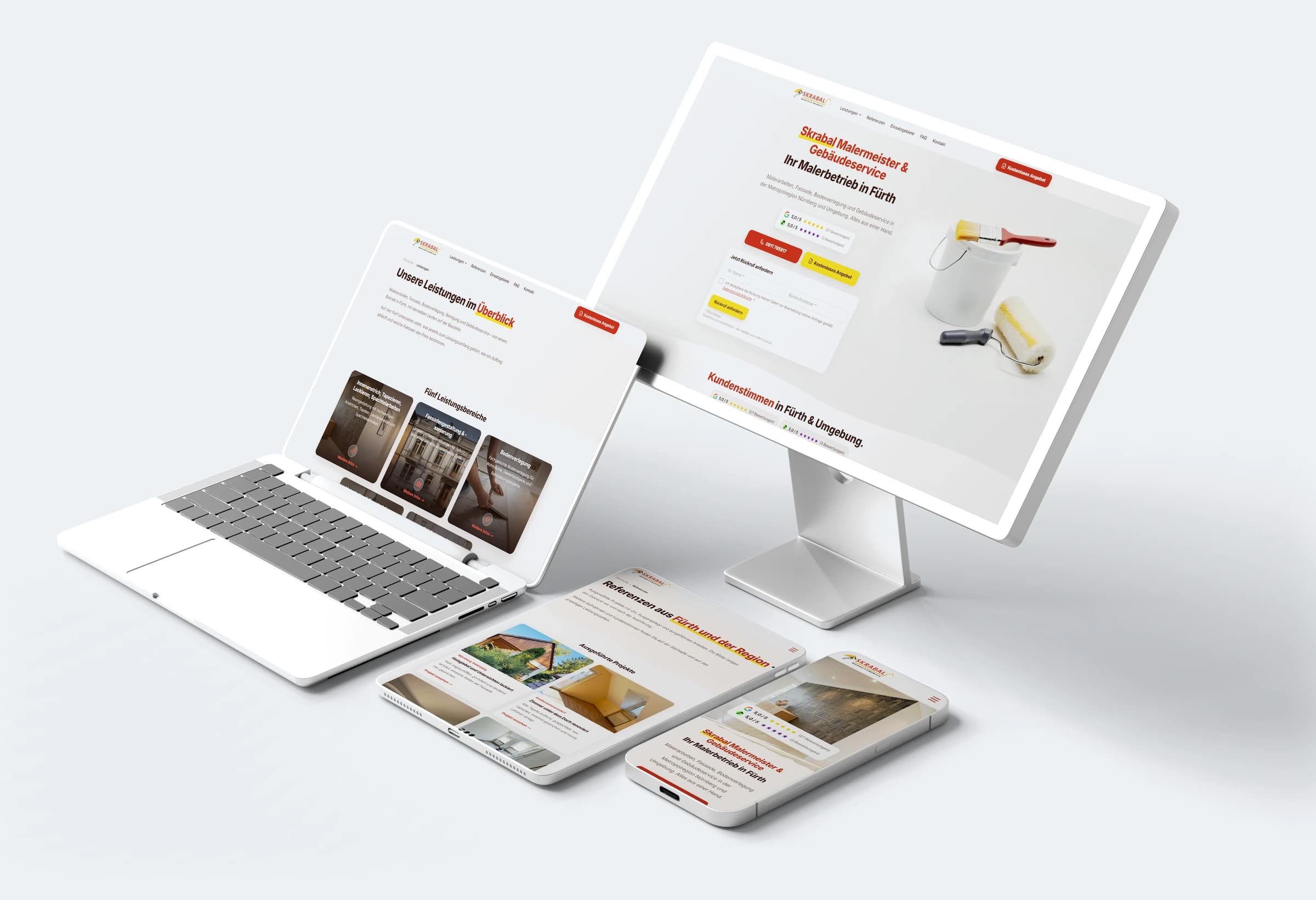 Die Website maler-skrabal.de auf vier Geräten: auf dem Monitor die Startseite „Skrabal Malermeister & Gebäudeservice, Ihr Malerbetrieb in Fürth“ mit Farbeimer und Rolle, auf dem Laptop die Leistungsübersicht, auf dem Tablet die Referenzen aus Fürth und der Region, auf dem Handy wieder die Startseite.