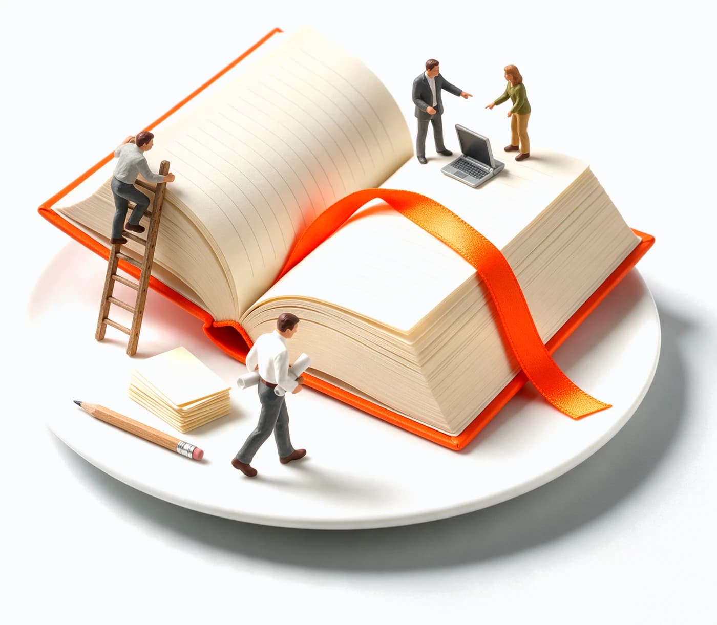 Ein aufgeschlagenes Buch mit orangem Einband und oranger Lesebandschleife auf einem weißen Teller. Miniaturfiguren steigen auf einer Leiter auf die Seiten, zwei besprechen sich an einem kleinen Laptop, ein Mann trägt eine Papierrolle, daneben liegen Karteikarten und ein Bleistift.