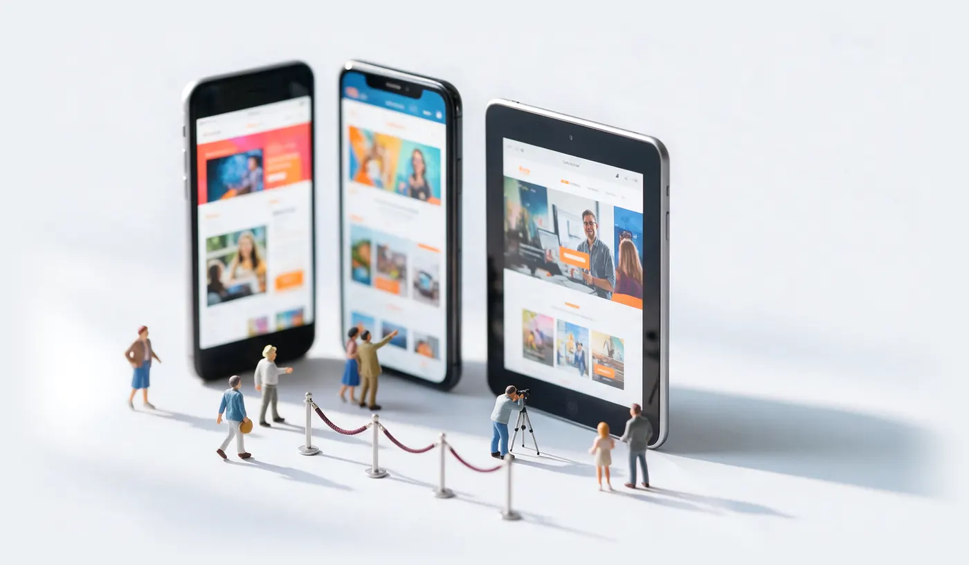 Zwei Smartphones und ein Tablet stehen aufrecht wie Plakatwände. Miniaturbesucher schauen sich die Websites darauf an, einer fotografiert sie mit Stativ.