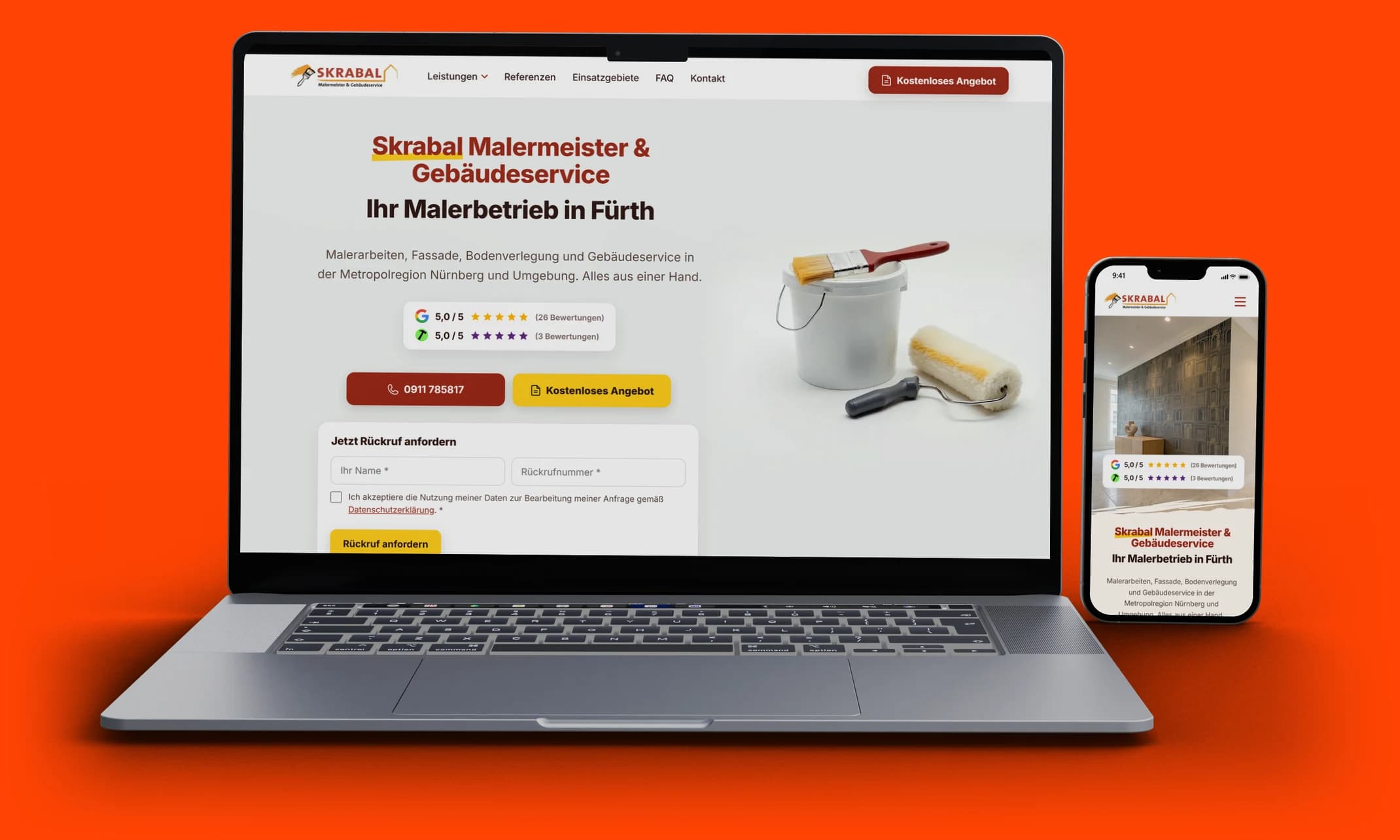 Startseite von maler-skrabal.de auf einem Laptop und daneben auf einem Smartphone