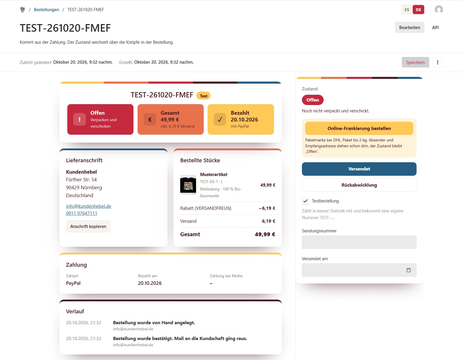 Eine Bestellung im Verwaltungsbereich: Zustand offen, Gesamtbetrag, bezahlt mit PayPal, darunter Lieferanschrift, bestelltes Stück, Zahlung und Verlauf, rechts die Knöpfe für Online-Frankierung, Versendet und Rückabwicklung.