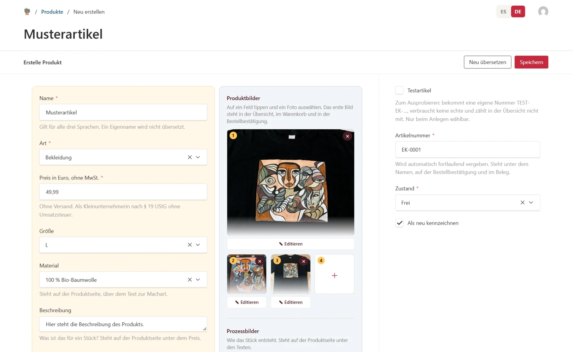 Formular für ein neues Stück am Beispiel „Musterartikel“: links Name, Art, Preis, Größe, Material und Beschreibung, in der Mitte drei Produktfotos eines bemalten T-Shirts, rechts Artikelnummer und Zustand.