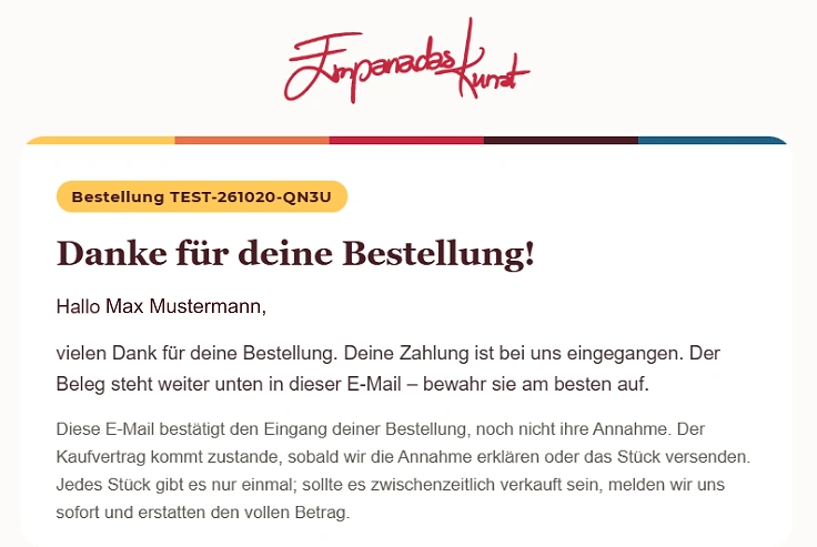 Mail „Danke für deine Bestellung!“ mit Bestellnummer und dem Hinweis, dass der Beleg weiter unten steht.