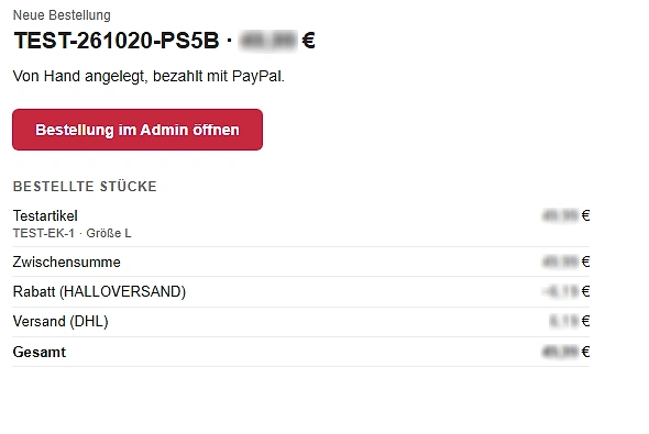 Interne Mail „Neue Bestellung“ mit dem Knopf „Bestellung im Admin öffnen“ und den bestellten Stücken bis zur Gesamtsumme.