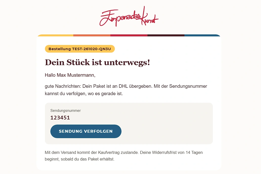 Mail „Dein Stück ist unterwegs!“ mit Sendungsnummer und dem Knopf „Sendung verfolgen“.